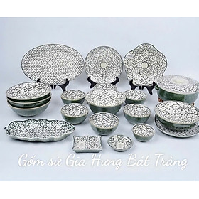 Bộ bát đĩa gốm sứ Bát Tràng cao cấp men lục bảo vẽ bèo dâu BDXĐNV02