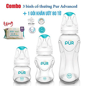 Combo 3 bình sữa Pur Advanced + tặng gói khăn ướt 80 tờ