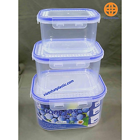 Set 3 hộp nhựa đựng thực phẩm tủ lanh có nắp, hộp nhựa Việt Nhật vuông trong suốt đựng cơm, đồ ăn, dùng được lò vi sóng