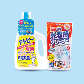 Combo giặt sạch Elmie - Nước giặt quần áo Elmie dành cho da dị ứng, da khô và da nhạy cảm 1200ml + Nước vệ sinh lồng máy giặt Elmie 350g
