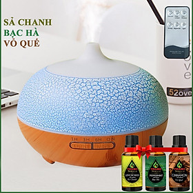 Combo Máy Khuếch Tán/ Máy Xông Tinh Dầu TIDAMO BN3E + 3 Chai Tinh Dầu nguyên chất: Sả Chanh + Bạc Hà + Vỏ Quế / Có Remote Điều Khiển Từ Xa / Thích Hợp Xông Tinh Dầu Phòng 15-50m2 - Nắp Tuyết Đế Vàng + 3 Tinh Dầu