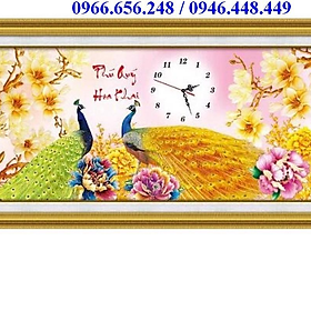 Tranh thêu chữ thập đồng hồ 2 con công vàng phú quý khai hoa 88953 chưa thêu