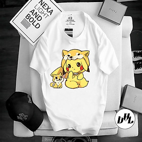 Áo thun trắng Anime, Manga Pikachu và cáo, Unisex Nam Nữ có Size áo từ 25-95kg