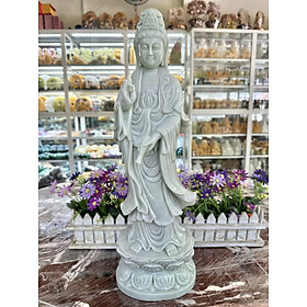 Tượng Phật Bà Quan Thế Âm Bồ Tát đứng đài sen đá cẩm thạch trắng xanh - Cao 50 cm