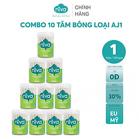 Combo 10 Tăm Bông Niva Hũ Xoay 100 Que Thân Giấy AJ1 Đa Năng Chuyên Dùng Ngoáy Tai, Vệ Sinh, Trang Điểm, Thân Thiện Môi Trường