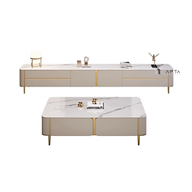 Mua Bộ bàn trà kệ tủ tivi trắng vân SL 1002-13/20E Nội thất Capta Bộ kệ tivi mặt đá Ceramic khung bàn gỗ công nghiệp chân bàn inox mạ màu vàng