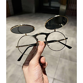 Kính râm Mắt tròn xoe 2 lớp mở nắp gọng kim loại