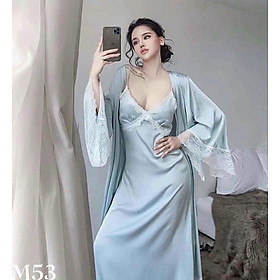 [Hantu Sleepwear]-Set áo choàng + váy ngủ lụa dáng dài qua gối mặc nhà sang trọng ,sexy-Màu xanh xám kèm đai áo choàng