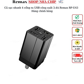 Củ sạc nhanh 4 cổng ra USB công suất 3.4A Remax RP-U43 - Hàng chính hãng