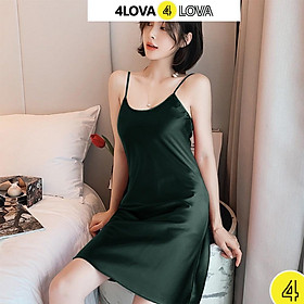 Váy ngủ nữ 4LOVA lụa satin mặc nhà trơn dáng suông 2 dây liền thân