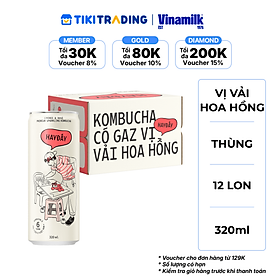 Thùng 12 lon Kombucha Có Gaz Vị Vải Hoa Hồng 320ml