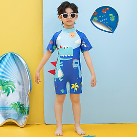 Đồ bơi bé trai, liền thân tay ngắn chất vải co giãn họa tiết khủng long phù hơp cho bé từ 14kg đến 30kg