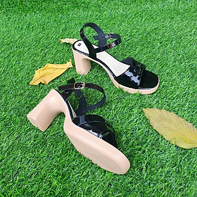 Giày Sandal Nữ cao gót TRường Hải quai ngang da bóng 2 màu đen, kem đế PU cao 8cm SD145K - Đen - 35