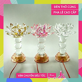 Đèn thờ Phật điện pha lê nguyên khối hoa sen đèn thờ led đổi màu trụ tròn tầng cao cấp - Cao 20cm