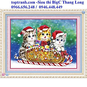 Mua Tranh thêu chữ thập 3 con mèo giáng sinh A378 (chưa thêu  thêu kín)  tranh thêu con mèo ngộ nghĩnh đáng yêu
