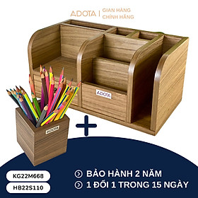 Mua Combo: Kệ gỗ để bàn và hộp cắm bút đơn bằng gỗ để bàn làm việc cao cấp phong cách sang trọng ADOTA