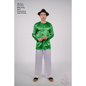 Bộ áo bà ba nam phối áo phi xanh lá + Quần phi trắng - Có bộ bà ba Bigsize - A xanh la+Qphi trang