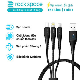 Dây cáp sạc nhanh 3 đầu ip typeC micro Rockspace Hi-Tensile dây dù sạc 3 thiết bị cùng lúc hàng chính hãng BH 12 tháng