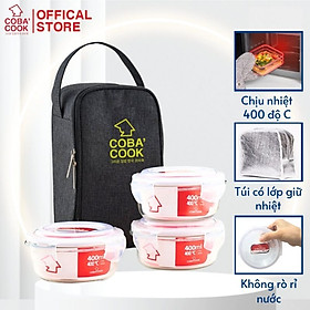 Hình ảnh Bộ túi hộp cơm thủy tinh COBA'COOK. Gồm 3 hộp 400ml và 1 túi giữ nhiệt với 2 khóa kéo tiện dụng- CCR43BL