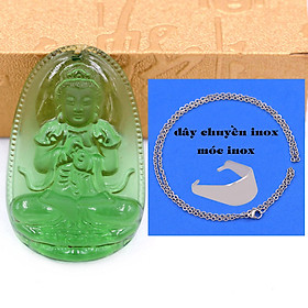 Mặt Phật Đại nhật như lai 5 cm (size XL) thuỷ tinh xanh lá kèm móc và dây chuyền inox, Mặt Phật bản mệnh