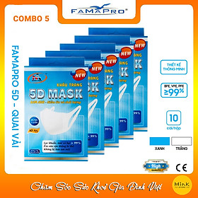 Combo Khẩu trang y tế kháng khuẩn 3 lớp Famapro 5D quai vải [ Hộp 10 cái ]