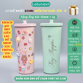 Ly giữ nhiệt 830ml bigsize Pastel KHẮC TÊN, cốc giữ nhiệt cao cấp inox 304, bình nước tặng sticker, ống hút