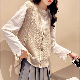 Áo len nữ, áo gile len vặn thừng đóng cúc form rộng Haint boutique GL03