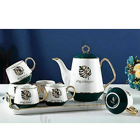 Mua Bộ ấm chén kèm khay pha trà cà phê trắng xanh họa tiết là vàng