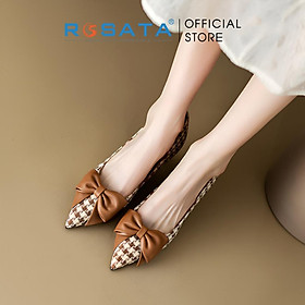 Giày cao gót ROSATA RO483 mũi nhọn phối nơ họa tiết caro êm chân cao gót 7 phân xuất xứ Việt Nam - NÂU