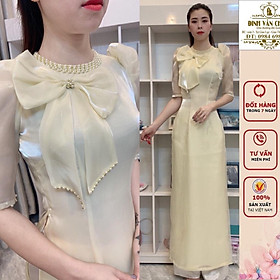 Áo dài tơ sống nơ ngực điểm trai full cổ màu da sáng