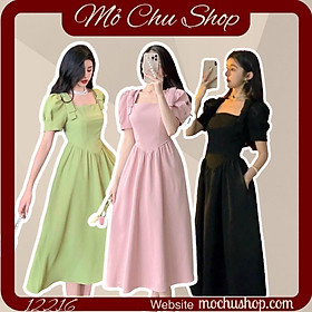 ĐẦM XÒE CỔ VUÔNG TAY PHỒNG VAI ĐÍNH NƠ 12218