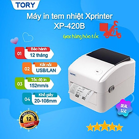 Máy in tem nhãn, mã vạch Xprinter XP-420B cổng USB + LAN. Máy in đơn hàng, in tem, in vận đơn TMĐT khổ 110mm [HÀNG CHÍNH HÃNG]