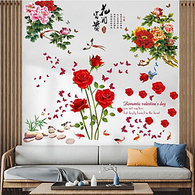 DECAL DÁN TƯỜNG HOA HỒNG NHUNG ĐỎ VÀ HOA MẪU ĐƠN