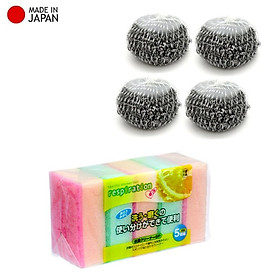 Mua Combo set 5 miếng mút rửa chén bát + set 4 miếng cọ xoong nồi lót mút - made in Japan