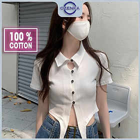 Áo croptop cổ bẻ tay ngắn ôm nữ , áo crt roptop kiểu hàn quốc body cài khuy mặc đi học đi chơi đen trắng