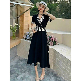 ĐẦM XÒE LỤA CỔ VÀ EO PHỐI HỌA TIẾT