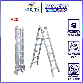 Thang nhôm chữ A, khóa sập tự động, bậc thang đột 3 nấc chắc chắn - Hàng chính hãng NIKITA 2024