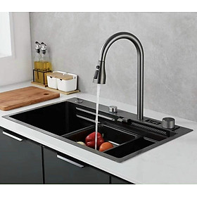 Mua   Tặng xịt nước rửa chén  Chậu rửa bát 1 hố lớn bồn rửa chén 1 hộc phủ nano kèm vòi rút đa năng xả thác nước 3 chế độ