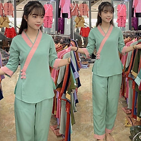 Đồ Lam Đi Chùa # Xéo Tim 3 Nút # Đồ Bộ # Quần Áo # Vải Mát # Nữ