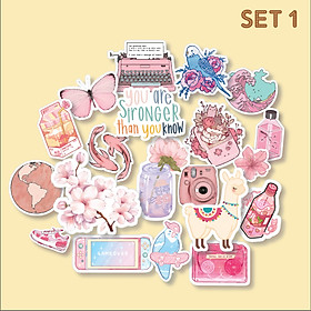 Bộ sticker chống thấm nước trang trí mũ bảo hiểm, laptop tông hồng pink ( 20 hình)
