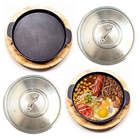 Chảo Gang Chống Dính + Nắp + Đế Gỗ Làm Bò Né Bánh Xèo Steak