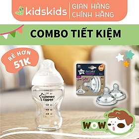 COMBO Bình sữa thuỷ tinh ty siêu mềm tự nhiên Tommee Tippee Closer to Nature 250ml & Núm ty silicon thay thế 6M+