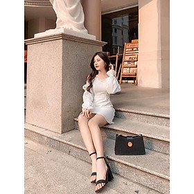 Đầm dự tiệc trễ vai hai dây tay bồng - Váy công chúa hai màu trắng đen siêu xinh HD03