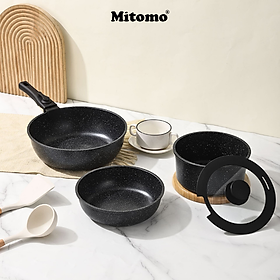 Bộ nồi chảo đá gốm Mitomo chống dính cao cấp 5 món có tay cầm tháo rời, dùng cho mọi loại bếp - Hàng chính hãng