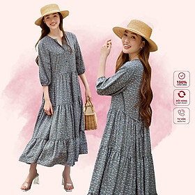 Váy suông, 3 tầng hoa nhí vintage, tay lỡ thoải mái, có dây buộc sau tạo eo, chất liệu lụa cao cấp Peony - STELLA DRESS