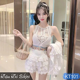 Bikini len siêu đẹp cùng chân váy ren điệu đà, đồ bơi len ren sexy quyến rũ, có sẵn đệm mút, chất len cotton đẹp | KT101