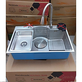 Chậu rửa bát inox304 bán nguyệt 5li chống xước 7546 Valenza, vòi rửa bát rút dây nóng lạnh 01, bộ xả 18cm, khay inox, rổ inox lỗ, bình rửa bát, rửa ly cốc