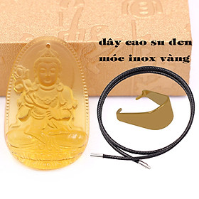 Mặt Phật Đại thế chí thuỷ tinh vàng 3.6 cm kèm móc và vòng cổ dây cao su đen, Mặt Phật bản mệnh