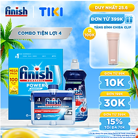 Combo Finish tiện lợi 4: Hộp 100 Viên Rửa Bát Essential + Nước Làm Bóng Finish 500ml + Dung dịch vệ sinh máy