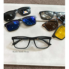 Kính Mắt Thời Trang Cận Râm, Gọng Kính Cận Bộ 5 Tròng Râm 6in1 Mắt Vuông Unisex Cho Nam Nữ